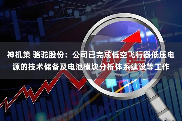 神机策 骆驼股份：公司已完成低空飞行器低压电源的技术储备及电池模块分析体系建设等工作